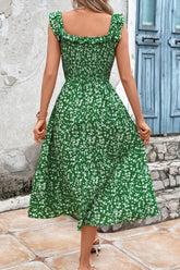 Robe midi imprimée à col carré et volants